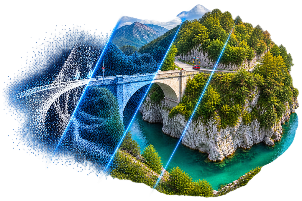 3D point cloud and mesh reconstruction of a bridge and canyon landscape, created with LumiSplat photogrammetry software